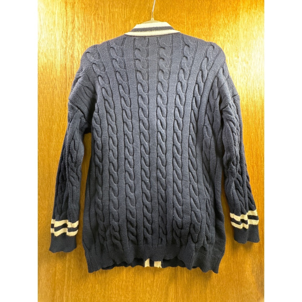 Fashion Nova Cardigan Sweater Womens Size M Navy Blue Cable Knit Varsity Stripe - Picture 8 of 10